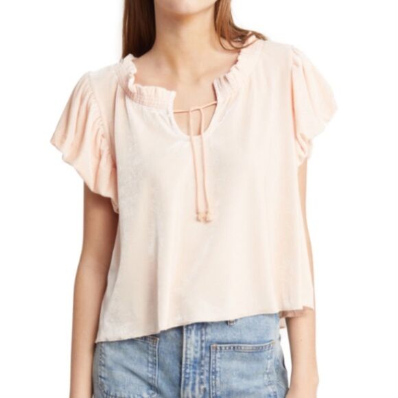 Free People | Terese Velvet Peach Smocked-Neck Women’s Boho Top Shirt - Picture 1 of 8